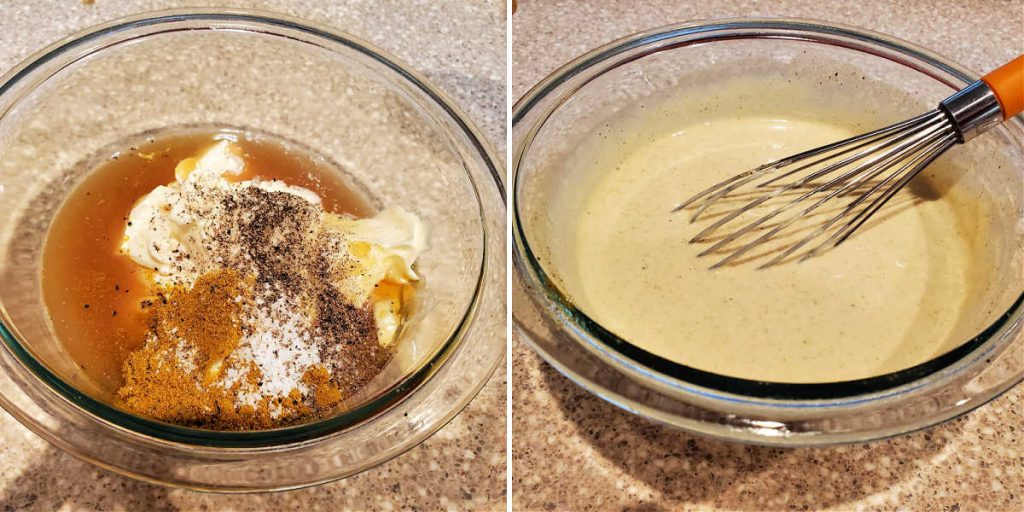 2 images showing dressing ingredients and the ingredients whisked together.