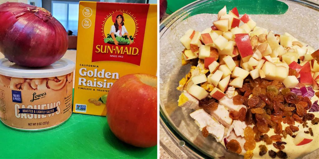 Collage of 2 pictures. First shows whole red onion, a whole red apple, packaged cashews and a box of golden raisins. Second pictures shows all chopped and in a glass bowl.