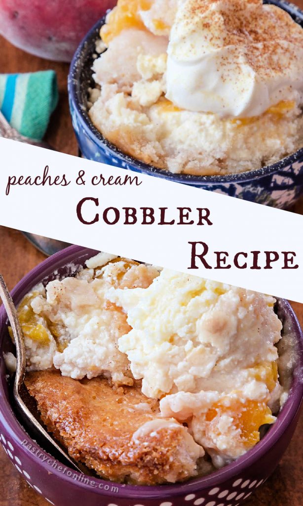 2 bowls of peach cobbler text reads "peaches & cream cobbler recipe"