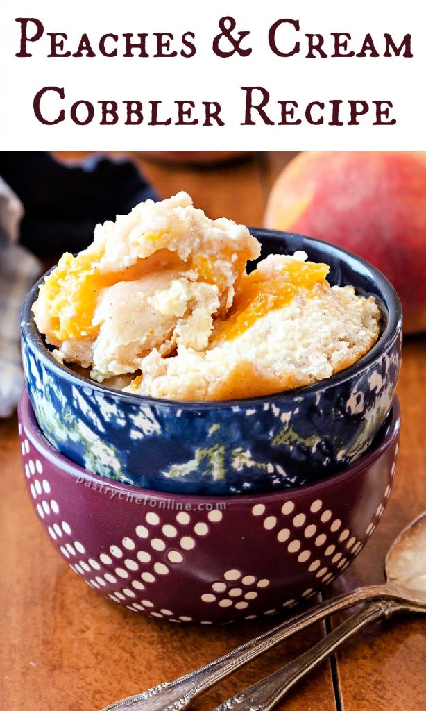 bowl of easy peach cobbler text reads "peaches & cream cobbler recipe"