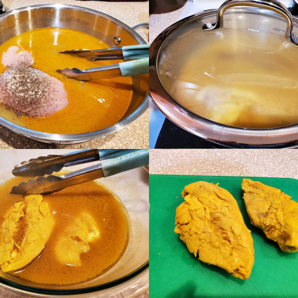 Collage of 4 images showing poaching chicken breast in chicken stock and turmeric.