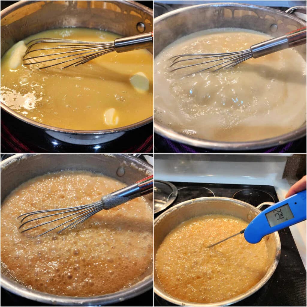 A collage of 4 images showing the dairy and sugar portion of my hot fudge sauce recipe boiling away in a pan and deepening in color. The last image shows an instant read thermometer in the mix reading 224F.