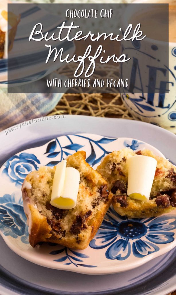 split muffin with butter text reads how to make buttermilk muffins with cherries and pecans"