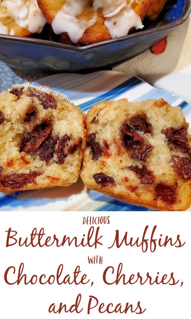 a split muffin on a plate text reads "the best buttermilk muffins with chocolate, cherries, and pecans"