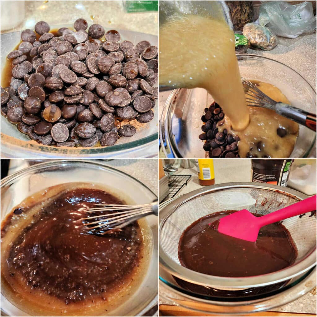 A collage of 4 images showing how to finish making fudge sauce: 1)chocolate chips, cocoa powder, and flavorings in a large, glass bowl. 2)Pouring the hot, caramelized dairy mixture into the bowl of chocolate. 3)Whisking the two together until smooth, shiny, and dark brown. 4)Straining the mixture for an extra-smooth texture.
