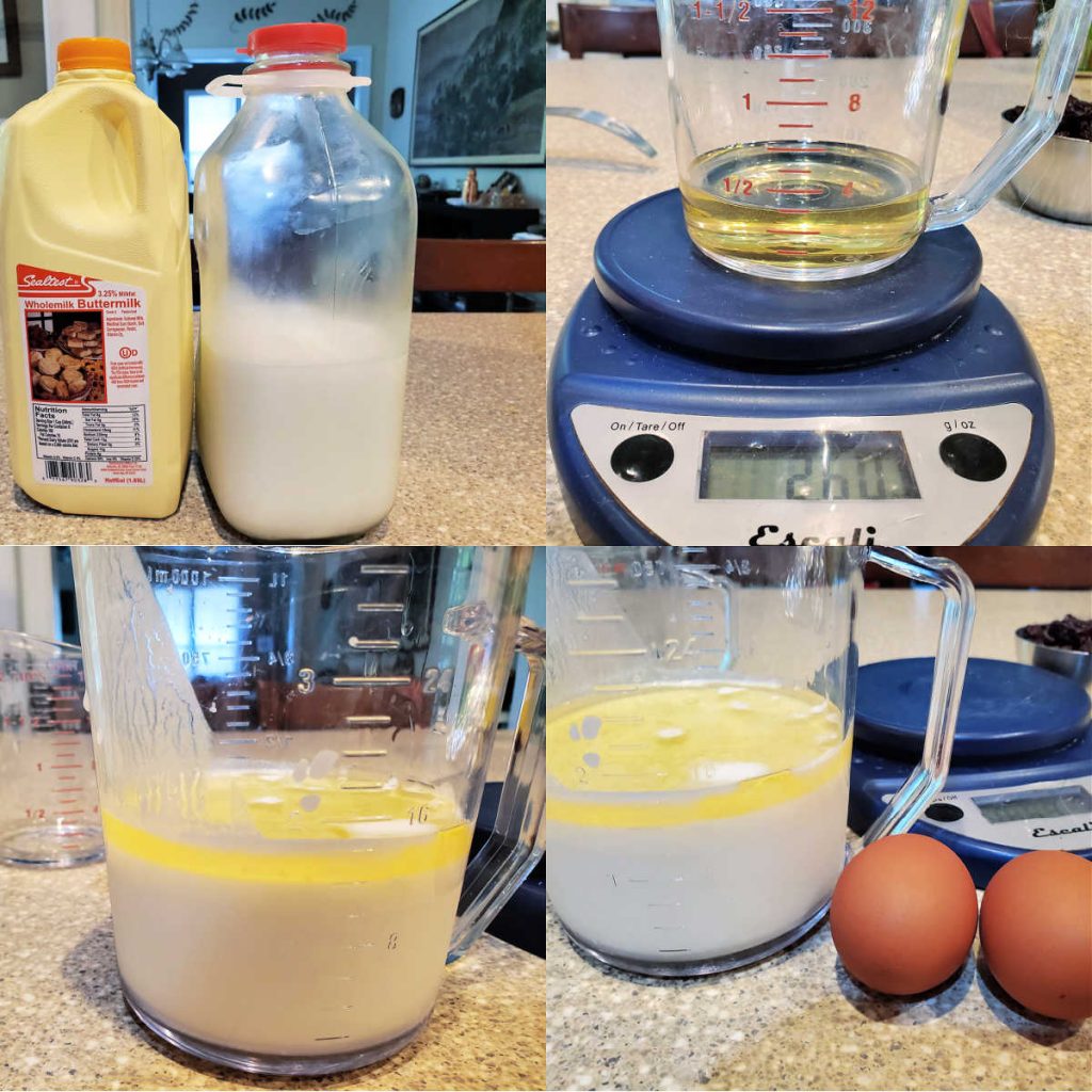 A collage of 4 images showing liquid ingredients for muffins: milk, liquid fat, and eggs.