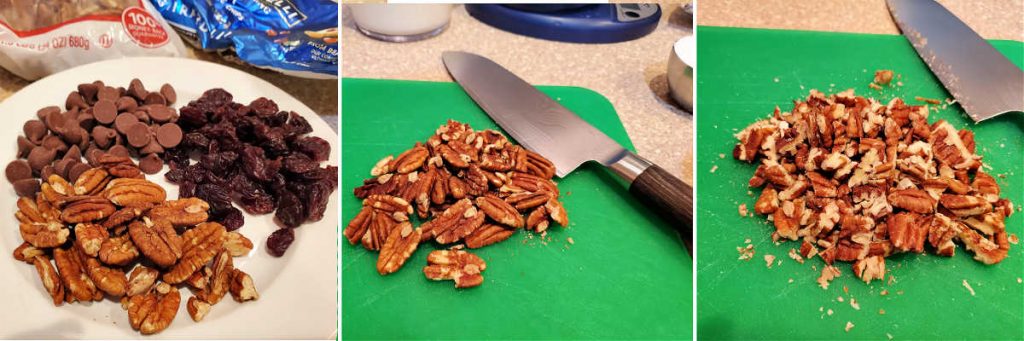 A collage of 3 images showing chocolate chips, dried fruits and pecans on a plate, then toasted pecans on a cutting board, and then chopped pecans next to a knife.