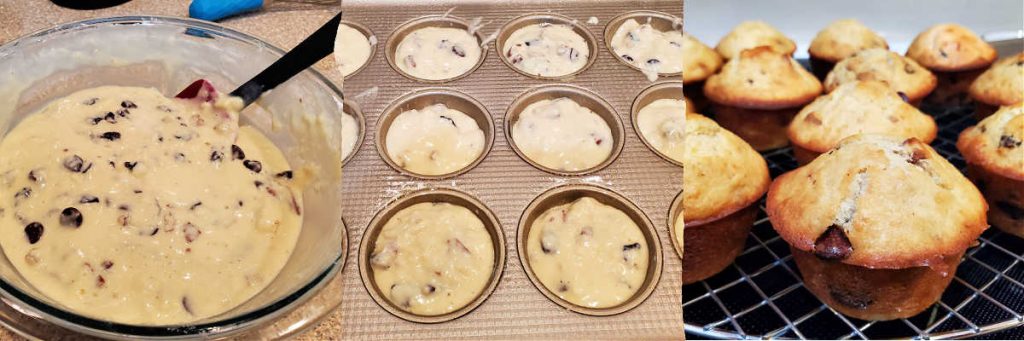 Collage of three images showing muffin batter, muffin batter in muffin tin, and baked muffins cooling on a rack.