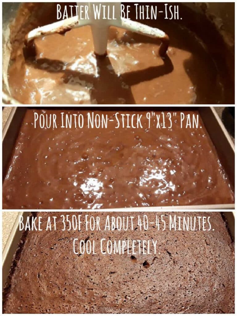 A collage of three images. The first shows chocolate cake batter in a mixer bowl with the paddle attachment. The second shows the batter poured into a pan, and the third shows the baked cake, still in the pan. The sides of the cake have pulled a little way away from the sides of the pan.