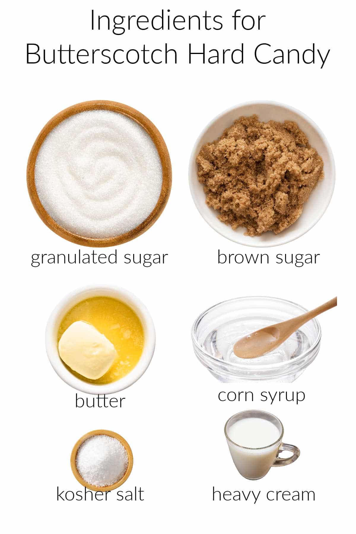 Collage of ingredients for making butterscotch candy.