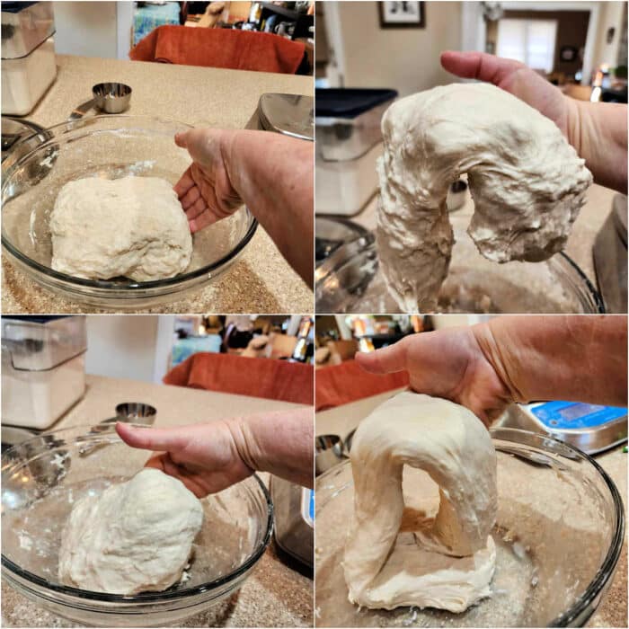 A collage of four images showing a wet hand picking up dough in a bowl and performing coil folds.