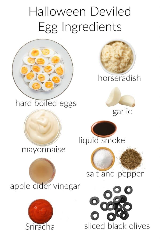 Collage of ingredients to make Halloween deviled eggs.