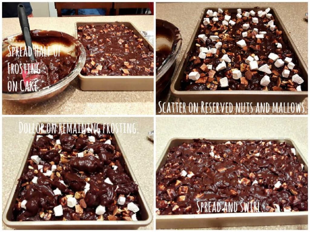 A collage of four photos showing how to spread rocky road frosting on a cake, adding extra nuts and marshmallows, adding the rest of the frosting in "blobs," and then smoothing everything out with a spatula.