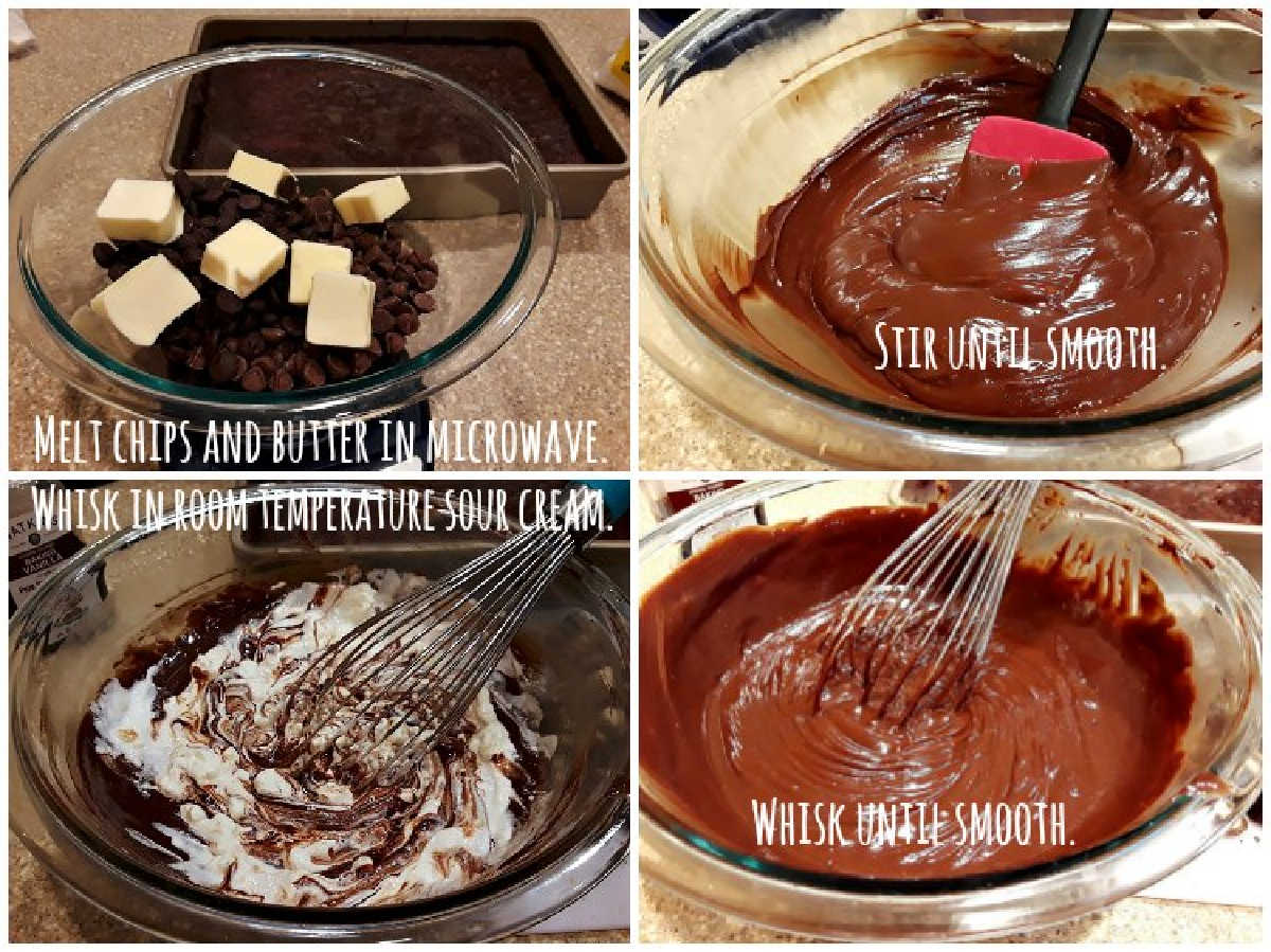 A collage of four images showing the steps in making rocky road frosting: melting chocolate and butter together, stirring until smooth, adding sour cream, and whisking until smooth.