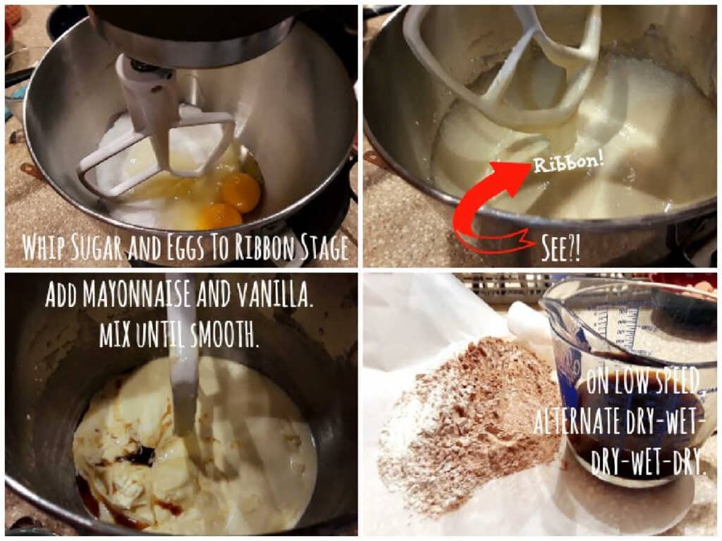 A collage of four images. One shows a mixing bowl with sugar and eggs in it on a stand mixer.. the second shows the eggs and sugar whipped together until pale yellow and very thick. The third shows adding mayonnaise and vanilla extract, and the fourth shows a glass measuring cup of hot coffee and flour and cocoa powder sifted together. Text on that image reads, "On low speed, alternate dry-wet-dry-wet-dry."
