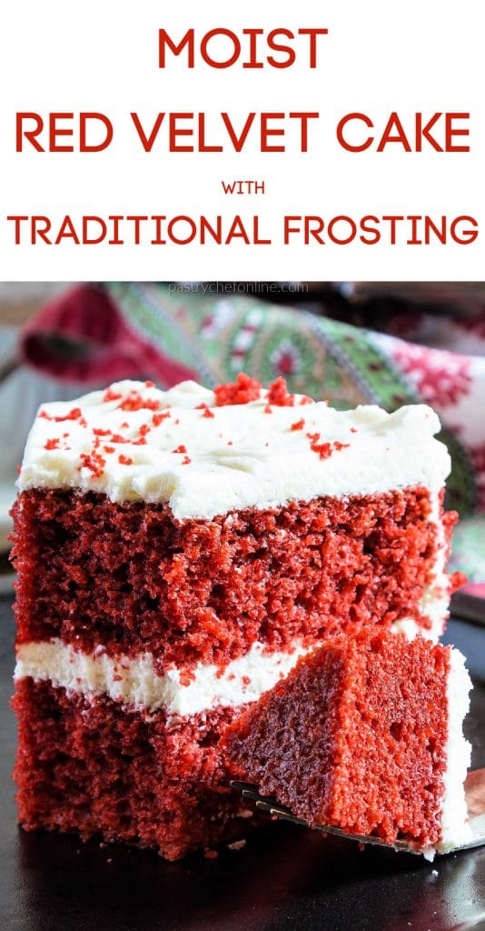 slice of cake text reads moist red velvet cakewith traditional frosting"