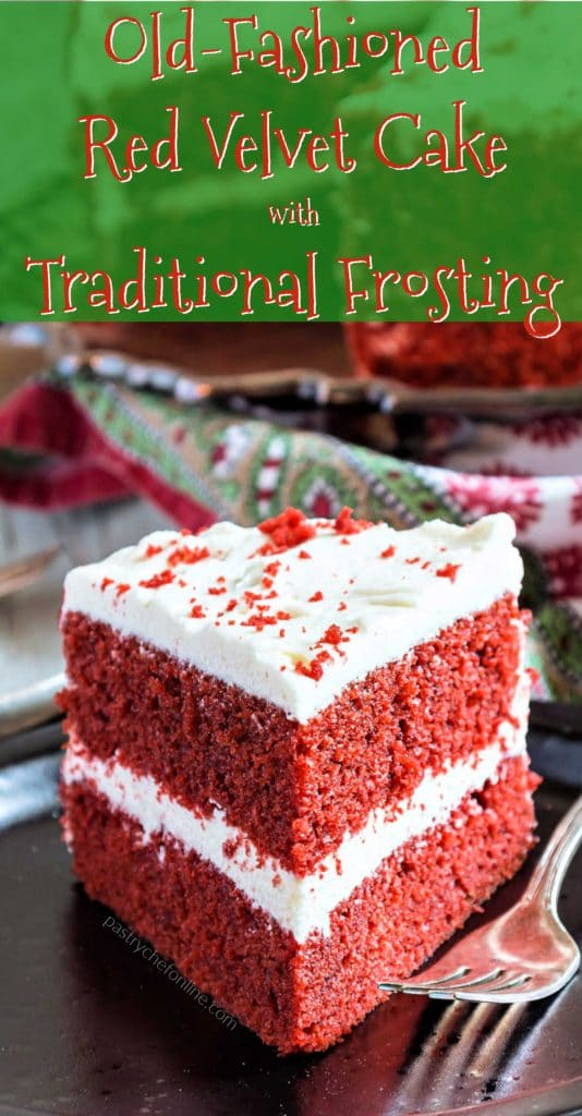 slice of cake text reads "old-fashioned red velvet cake with traditional frosting"