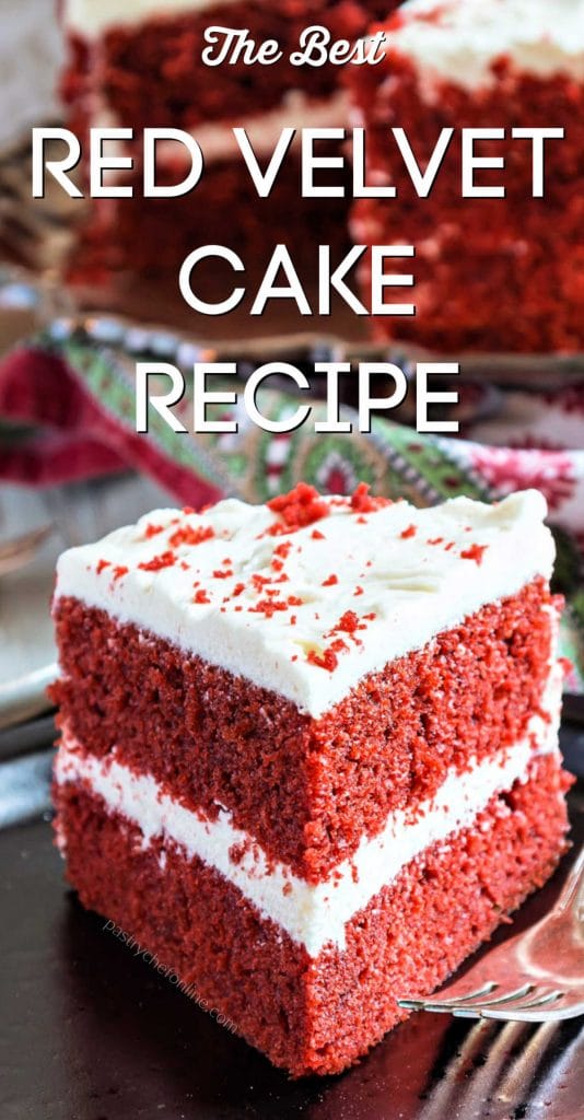slice of cake text reads "the best red velvet cake recipe"