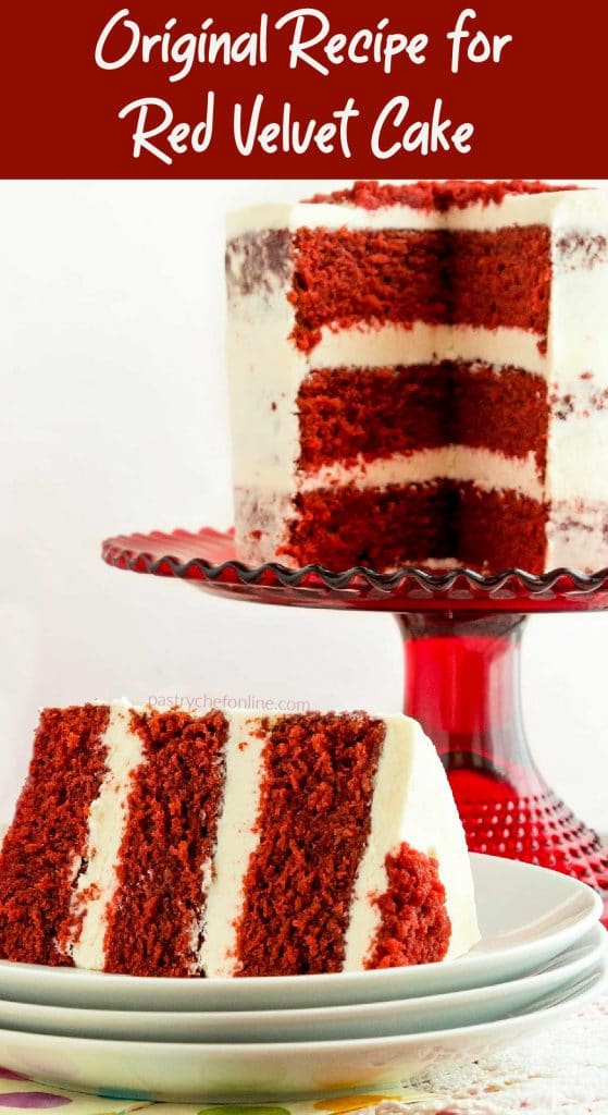 cut cake and slice of cake. text reads "original recipe for red velvet cake"