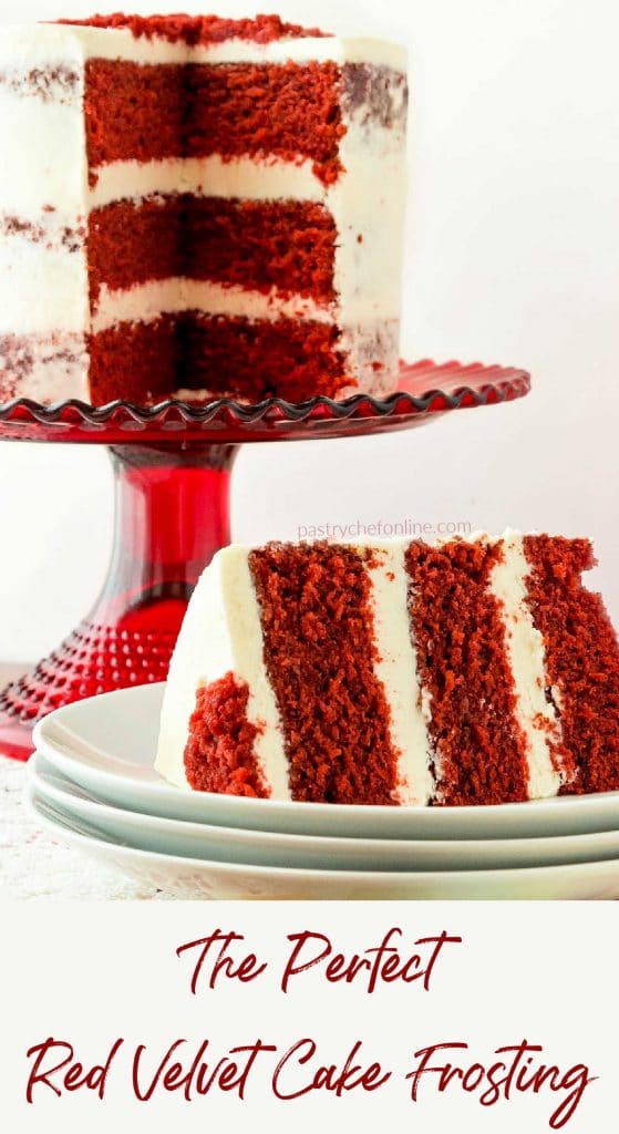 cake on cake stand and sliced cake on plate text reads "the perfect red velvet cake frosting"