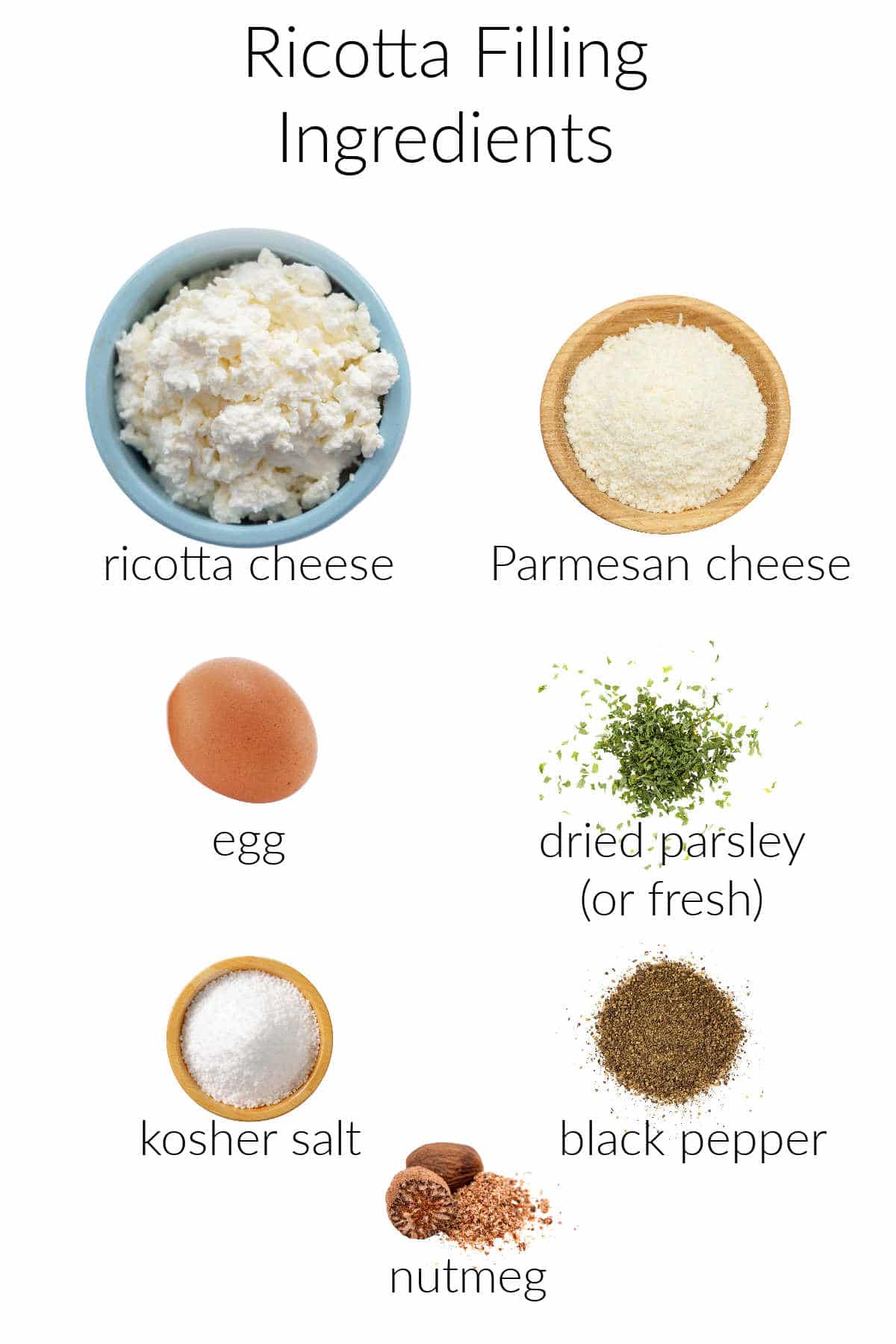 Collage of ingredients for ricotta filling.