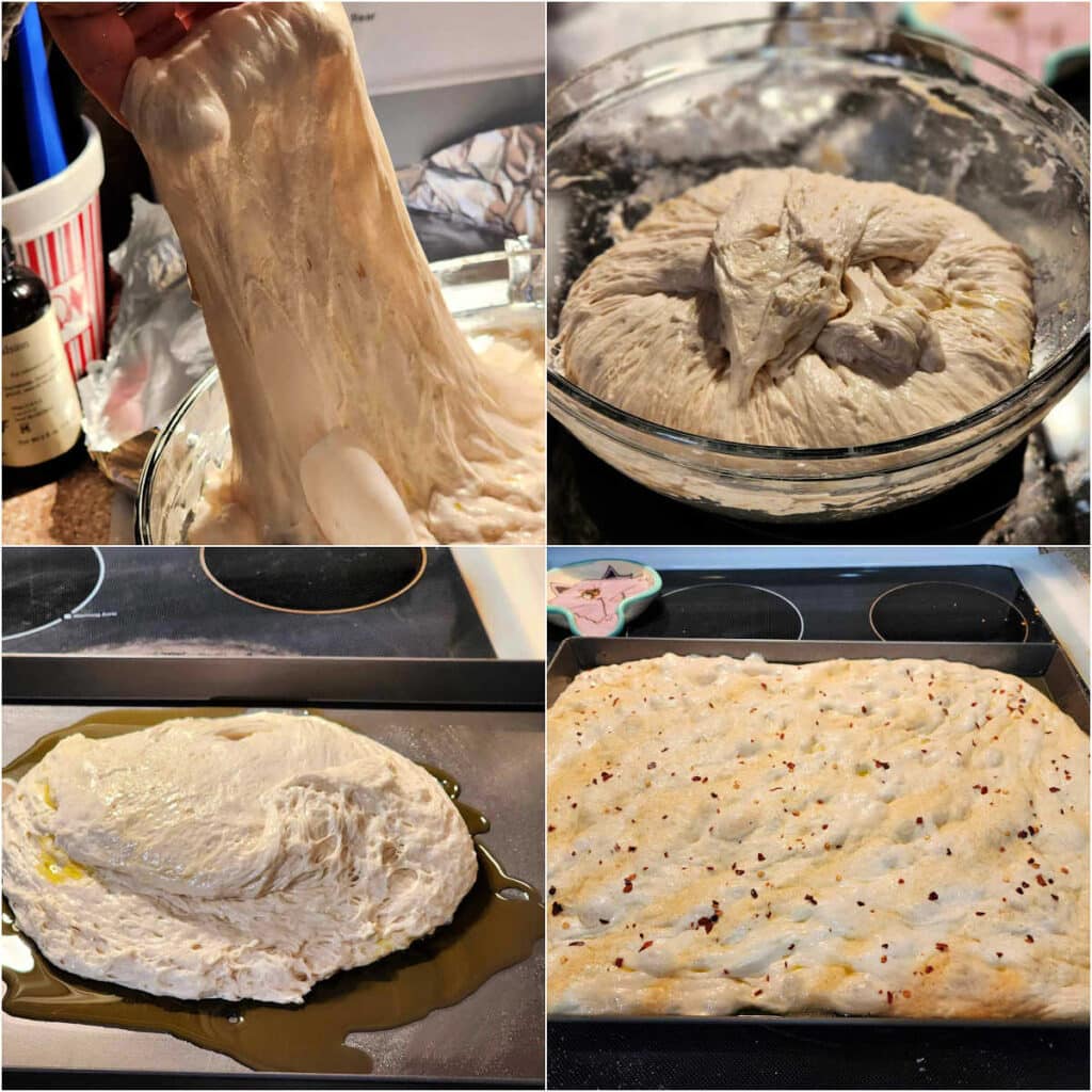 A collage of four images: 1)A hand holding up some pizza dough that is stretching out. 2)Pizza dough in a glass bowl with the edges all folded into the center. 3)Pizza dough dumped into the center of a black, rectangular pan liberally spread with olive oil. 4)The dough stretched out in the pan and sprinkled with garlic powder and pepper flake.