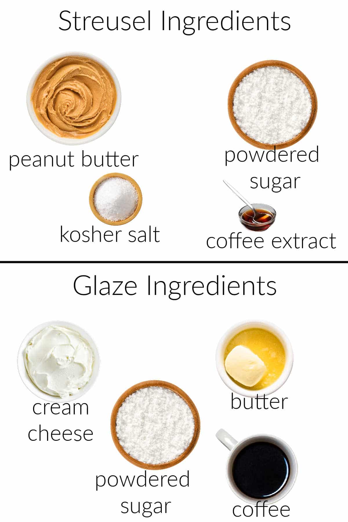 Collage of ingredients for streusel topping and also glaze ingredients.