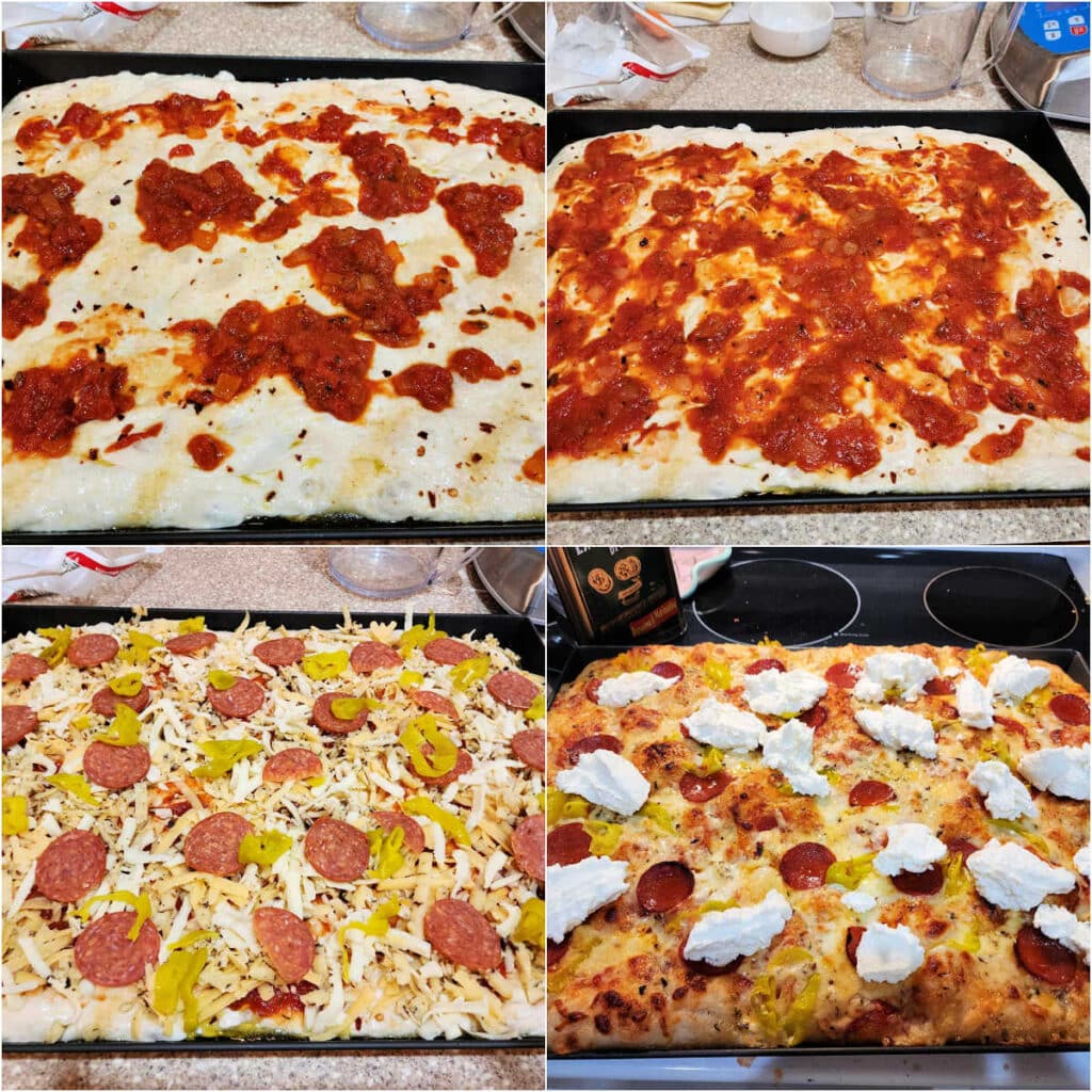 A collage of 4 images: 1)Grandma pizza dough with blobs of pizza sauce on it. 2)The pizza sauce spread evenly on the dough. 3)The pizza sauce topped with shredded cheese, pepperoni, and pepperoncini. 4)The pizza, now par-baked, topped with little blobs of ricotta cheese before finishing baking.