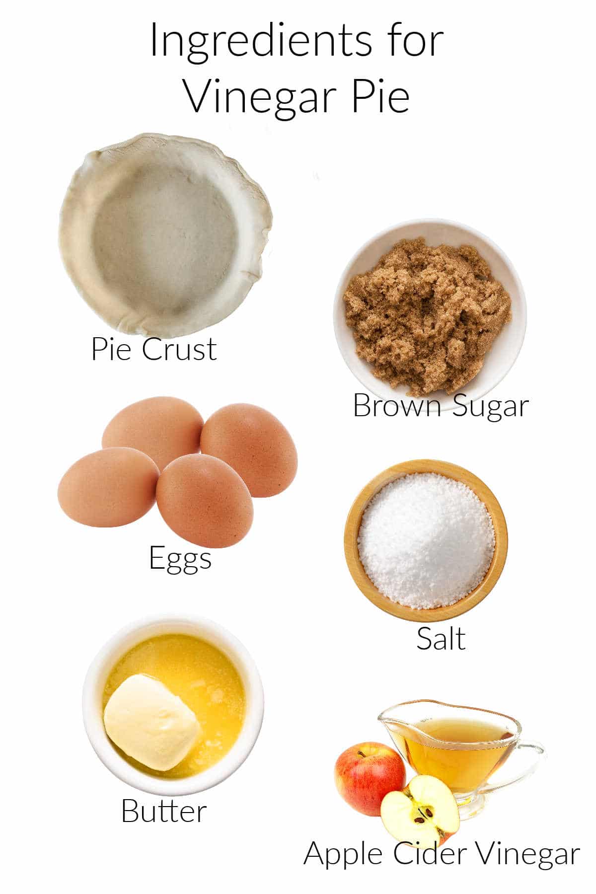 Collage of ingredients for making vinegar pie.