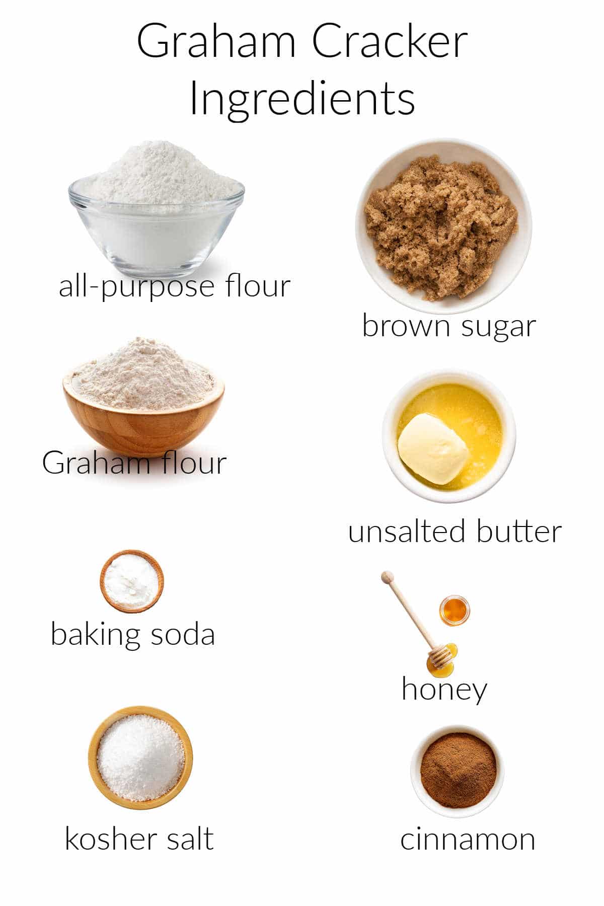 Collage of ingredients for Graham crackers.