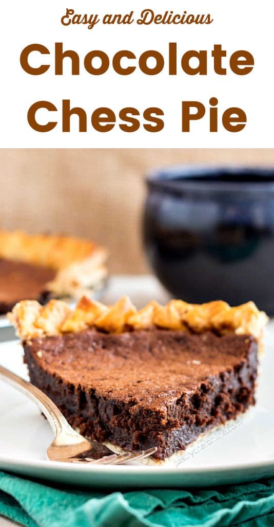 piece of pie on plate text reads "easy and delicious chocolate chess pie"