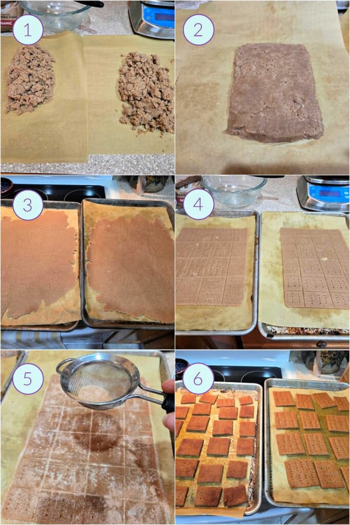 A collage of 6 images showing how to roll out, cut, and bake Graham crackers.