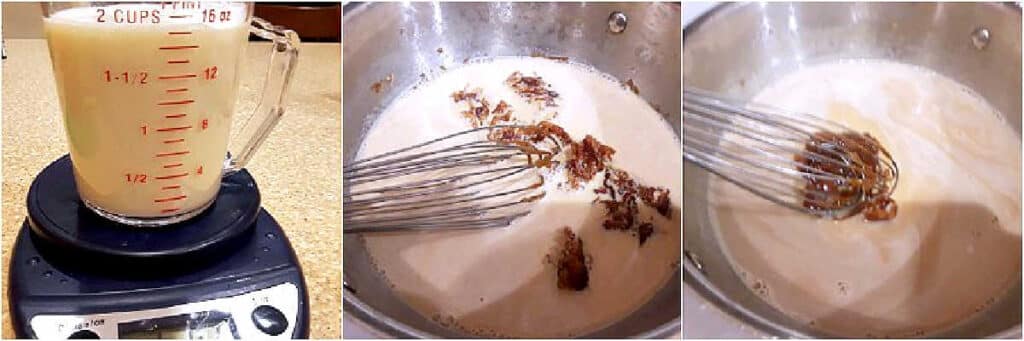 Two cups of milk getting stirred into butterscotch in a pan.
