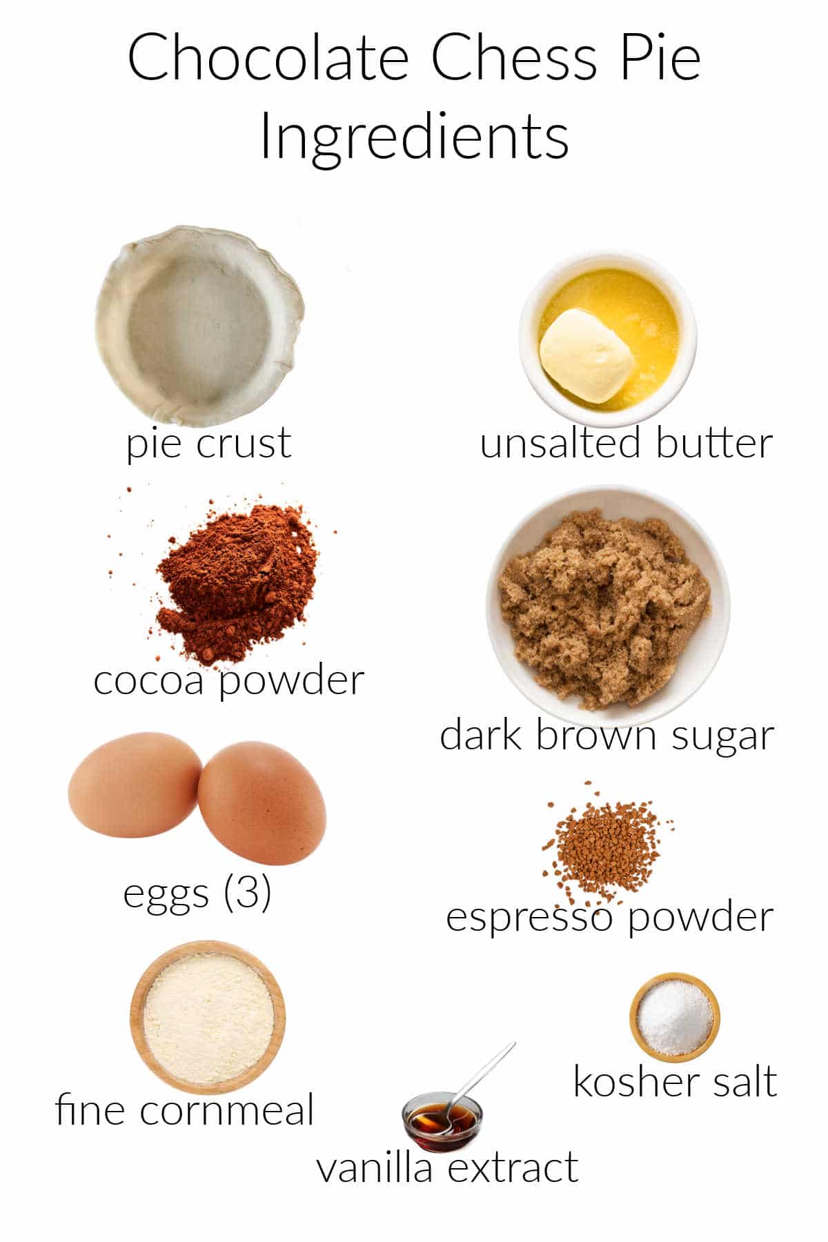 Collage of ingredients in chocolate chess pie.
