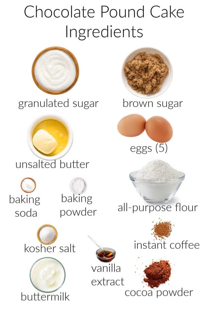 Collage of ingredients to make Chocolate pound cake.