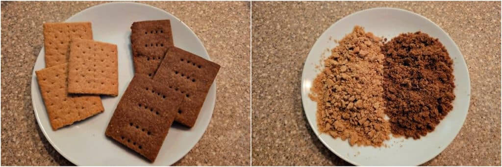 A collage of two images comparing store-bought Graham crackers to homemade and crumbs made from store bought Graham crackers to homemade Graham cracker crumbs.