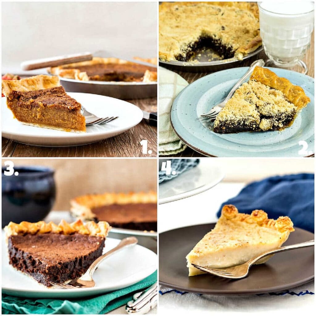 A collage of four photos, each with a different kind of piece of pie on a plate.