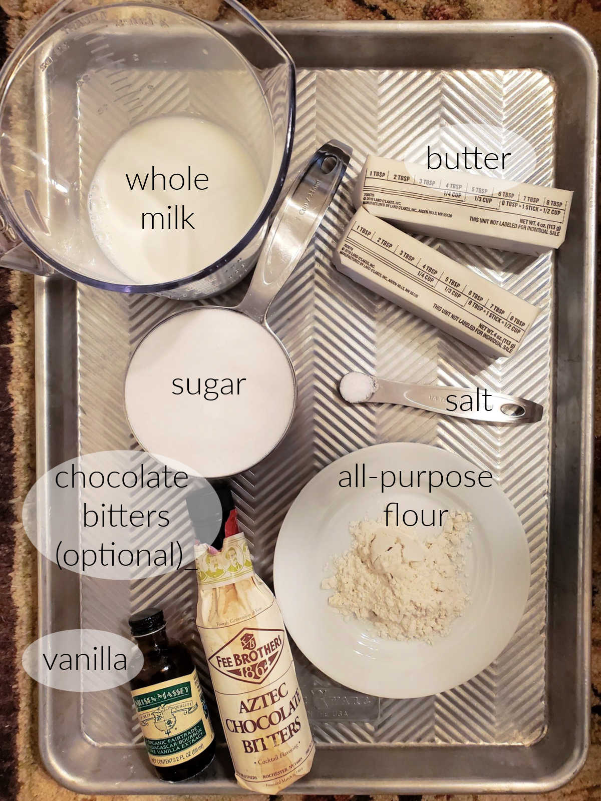 Collage of ingredients in ermine frosting.