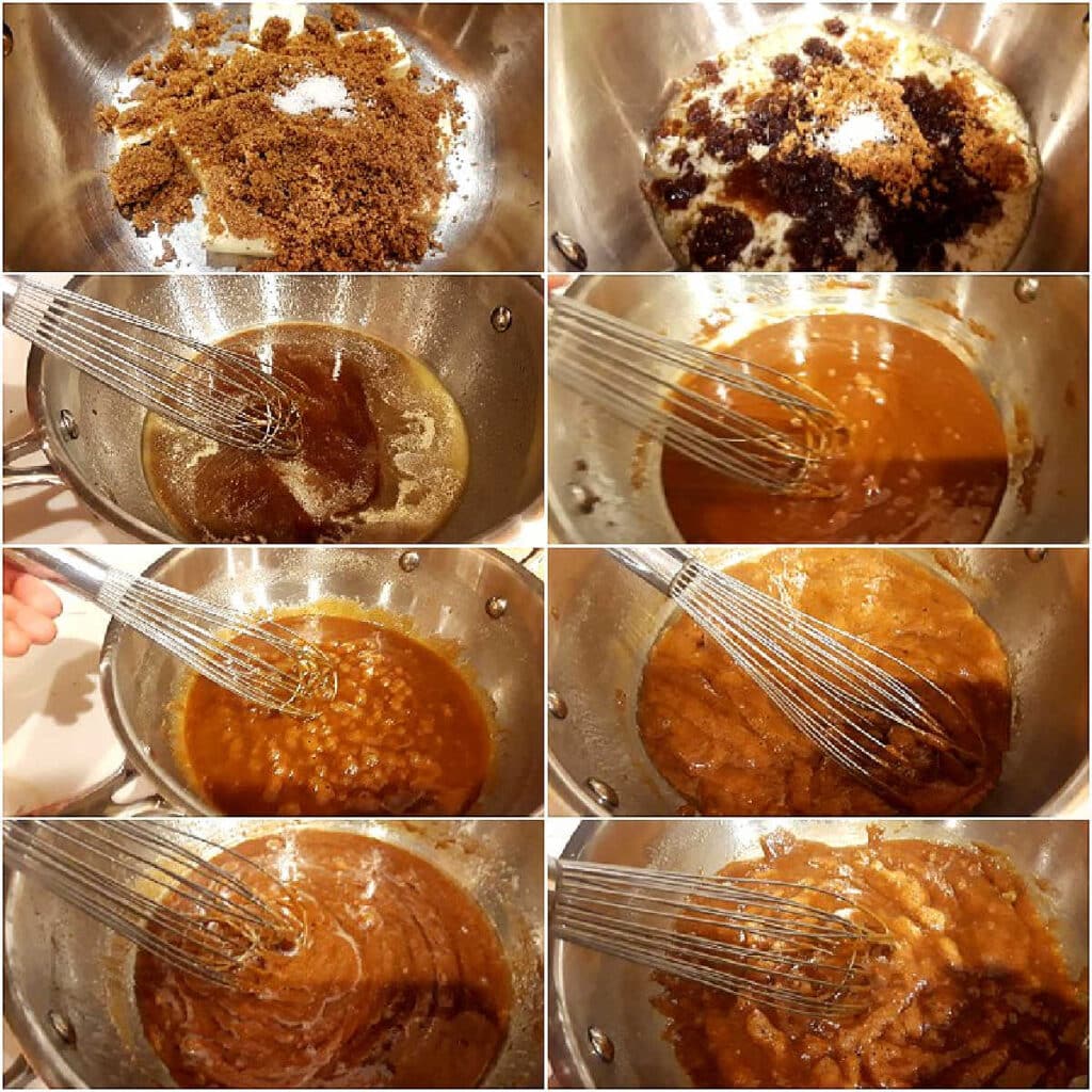 A collage of 8 images showing the progression of cooking brown sugar and butter together to make butterscotch.