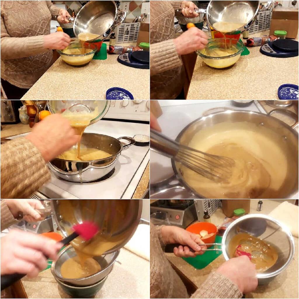 A collage of six images showing making butterscotch pudding: Tempering butterscotch milk into egg yolks, pouring back into pan, cooking until thickened and then straining into a bowl.