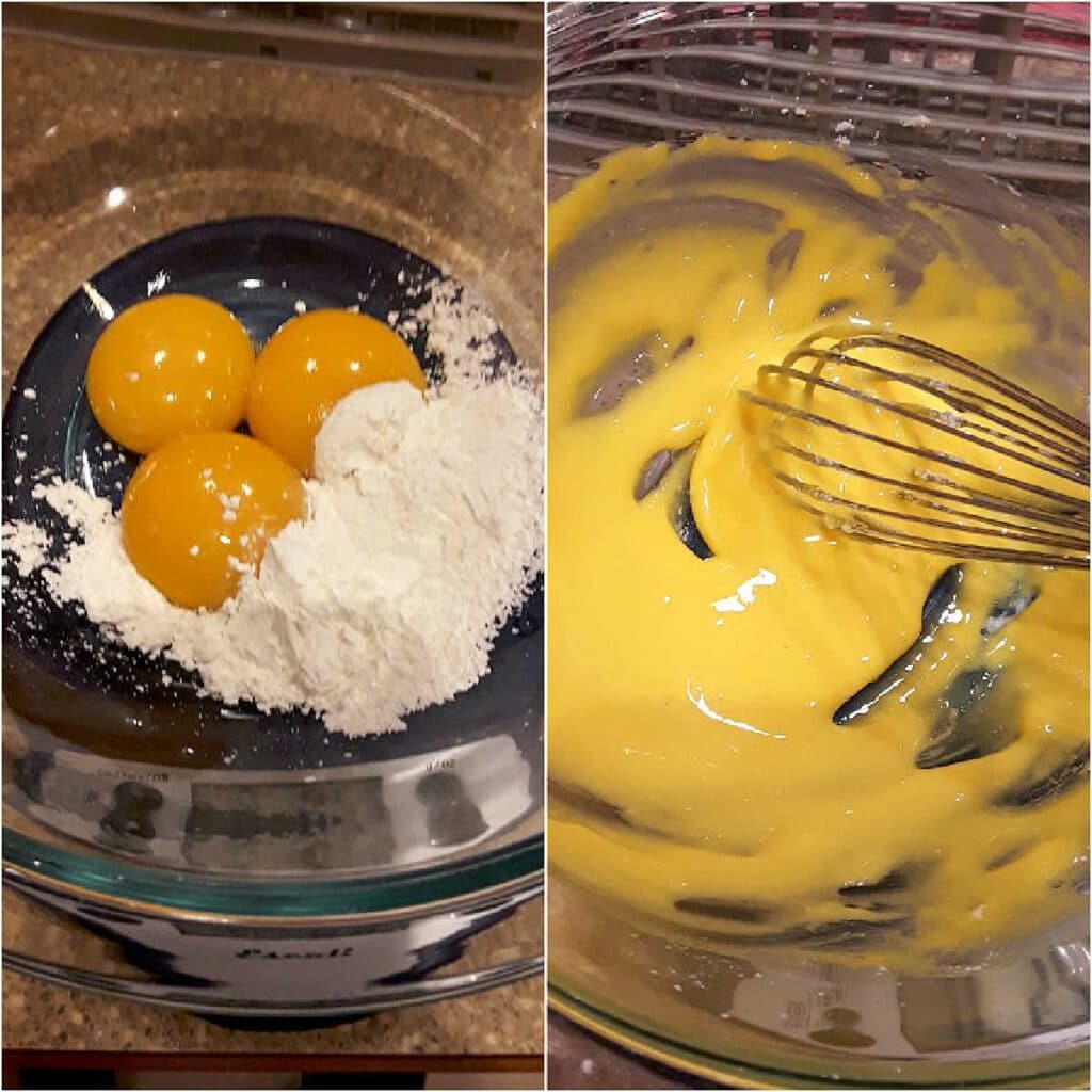 3 egg yolks in a bowl with cornstarch, whisking yolks and cornstarch together.