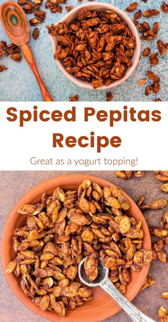 overhead shot of candied pumpkin seeds text reads "spiced pepitas recipe"