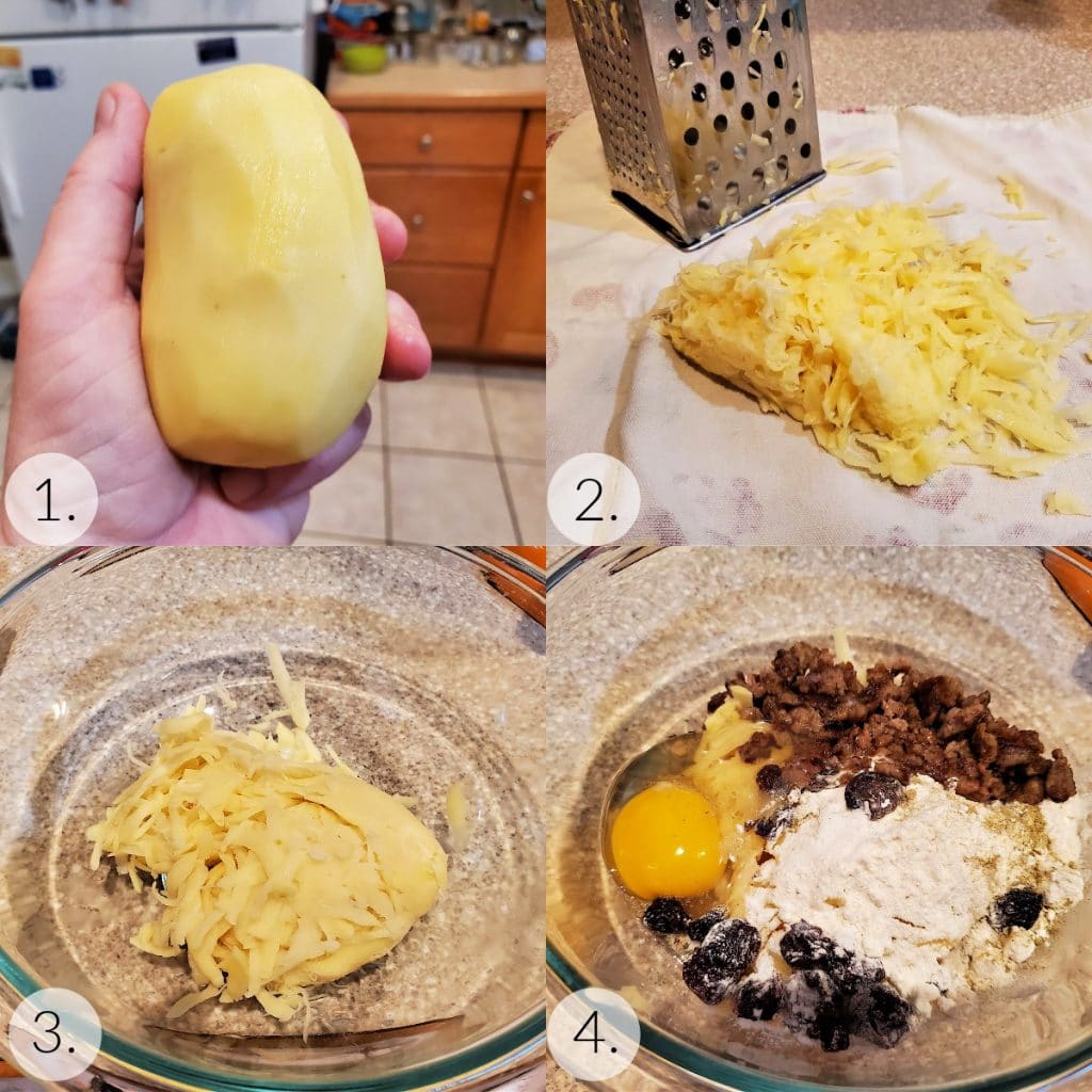 Collage of steps showing how to grate the potatoes and mix the "batter".