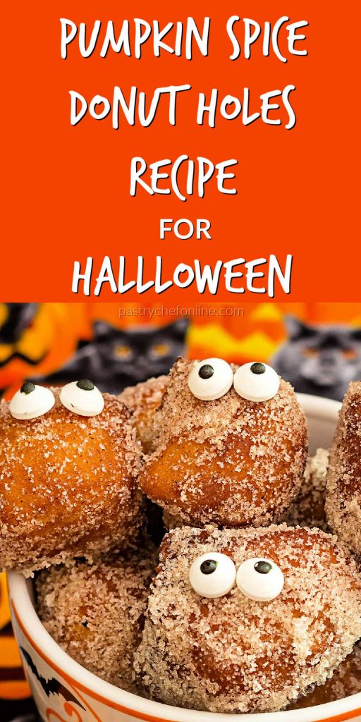 donut holes with candy eyes text reads "pumpkin spice donut holes recipe for Halloween"