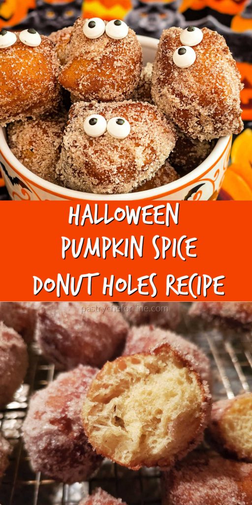 pumpkin donuts with eyes text reads "halloween pumpkin spice donut holes recipe"