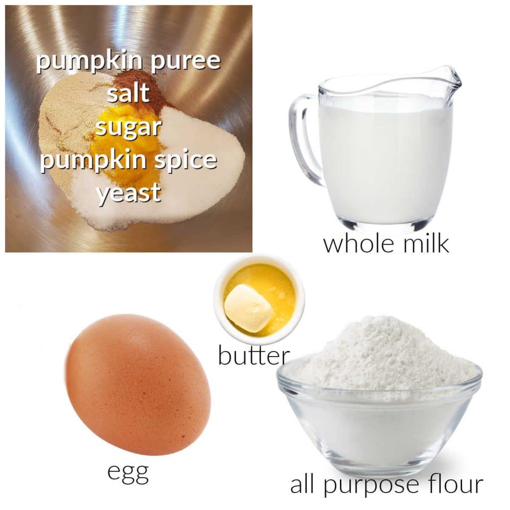 Collage of ingredients for making pumpkin spice donuts.