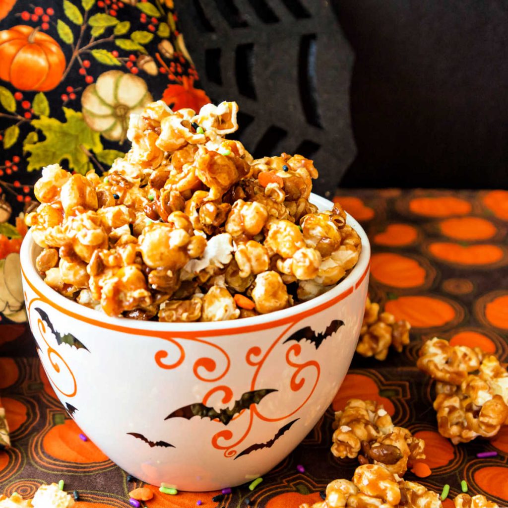 bowl full of pumpkin spice caramel popcorn