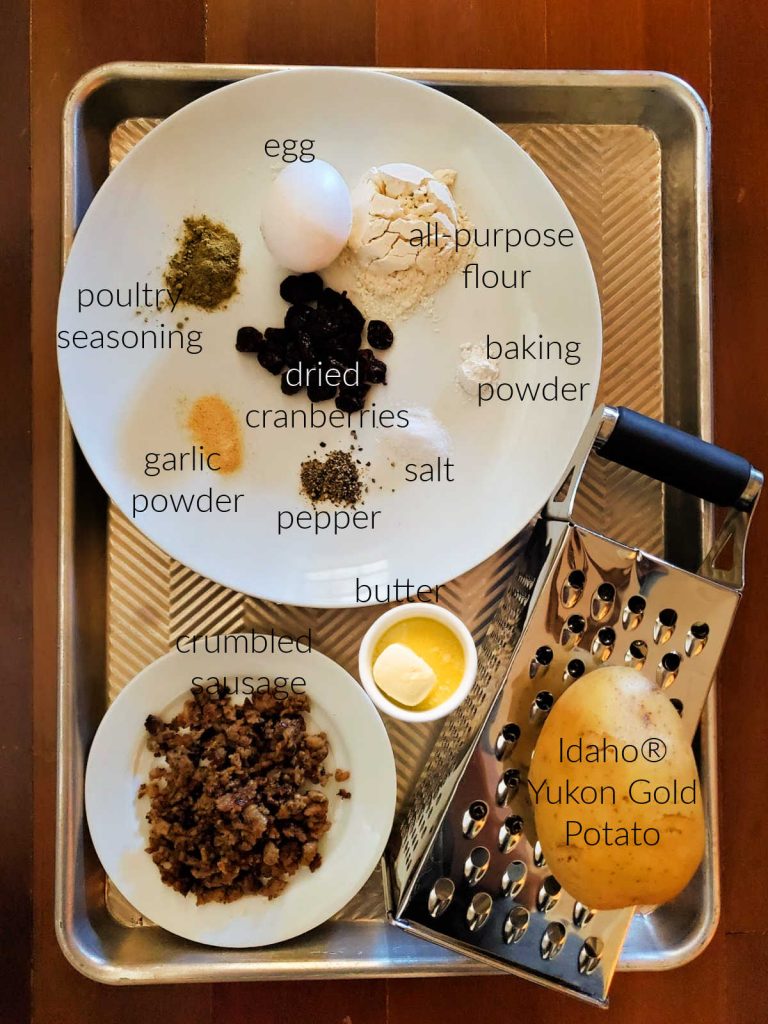 Collage of ingredients to make potato stuffing waffles.