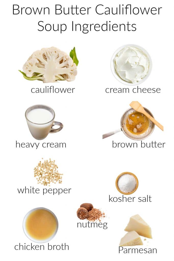 Collage of ingredients for making cream of cauliflower soup.