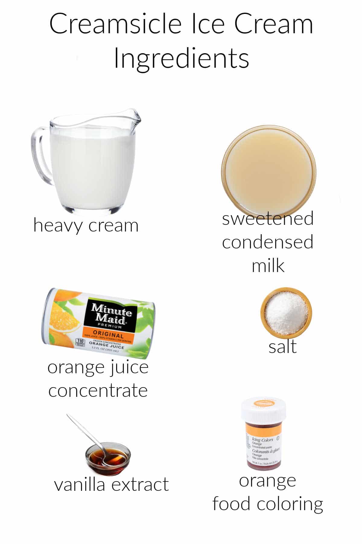 Collage of ingredients for making orange vanilla ice cream.